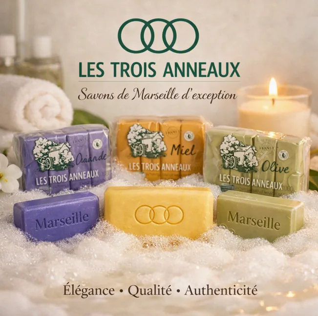 Savons de Marseille Les Trois Anneaux lavande, miel et olive sur un lit de mousse